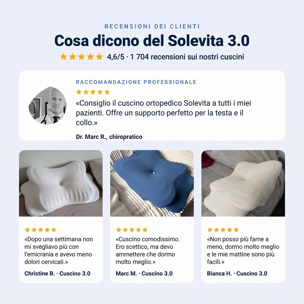Recensioni di clienti e di un chiropratico sul Cuscino Solevita 3.0